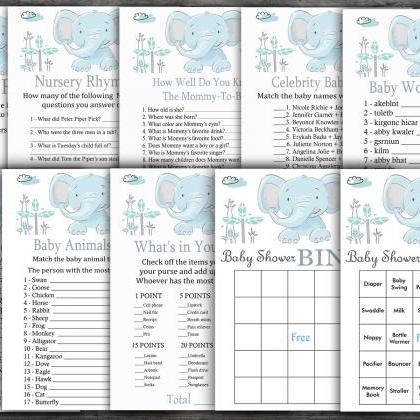 Blue Elephant Baby Shower Games Package,safari..