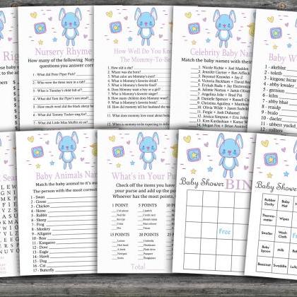 Blue Rabbit Baby Shower Games Package,bunny Baby..