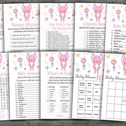 Pink Rabbit Baby Shower Games Package,bunny Baby..