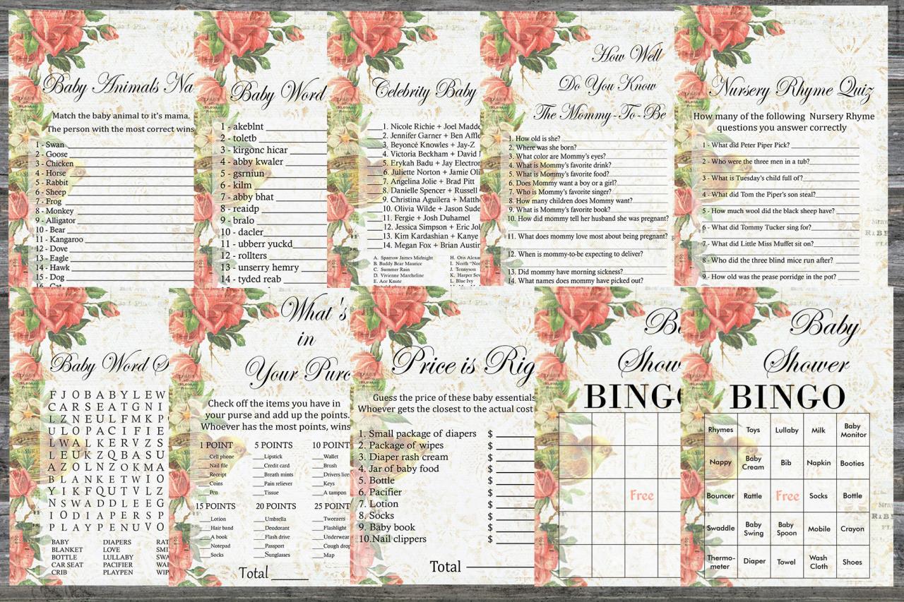 Vintage Rose Baby Shower Games Package,baby Shower Game Package,9 Printable Games,instant Download-386