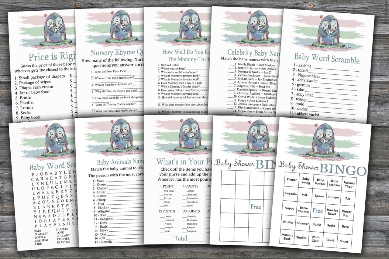 Penguin Baby Shower Games Package,baby Shower Game Package,9 Printable Games,instant Download-384