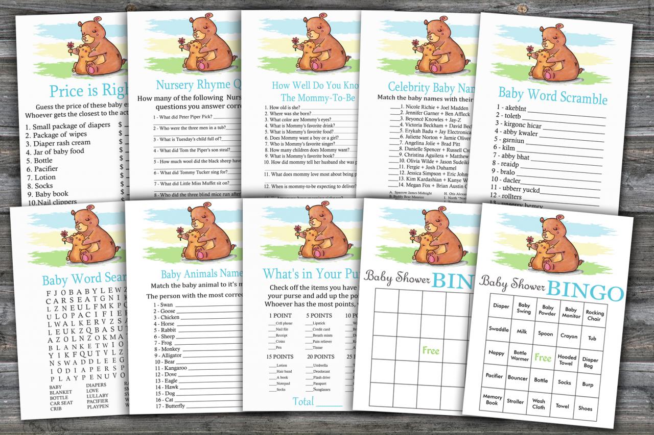Bear Baby Shower Games Package,baby Shower Game Package,9 Printable Games,instant Download-383