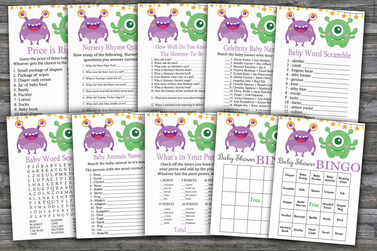 Monster Baby Shower Games Package,baby Shower Game Package,9 Printable Games,instant Download-382