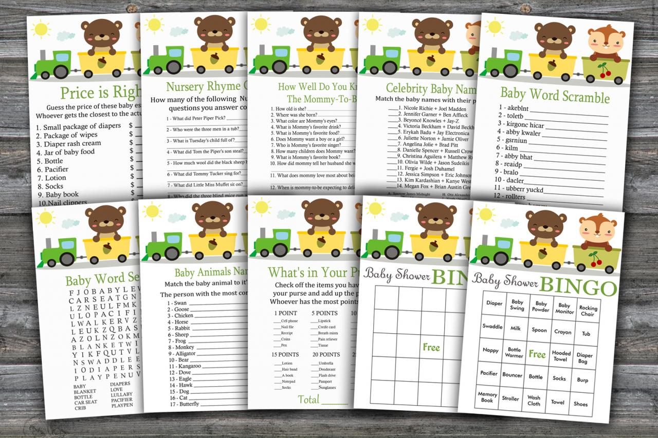 Animal Train Baby Shower Games Package,woodland Animals Baby Shower Game Package,9 Printable Games,instant Download-377