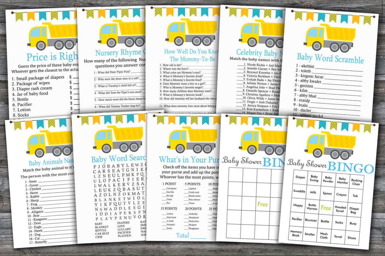 Dump Truck Baby Shower Games Package,construction Baby Shower Game Package,9 Printable Games,instant Download-376