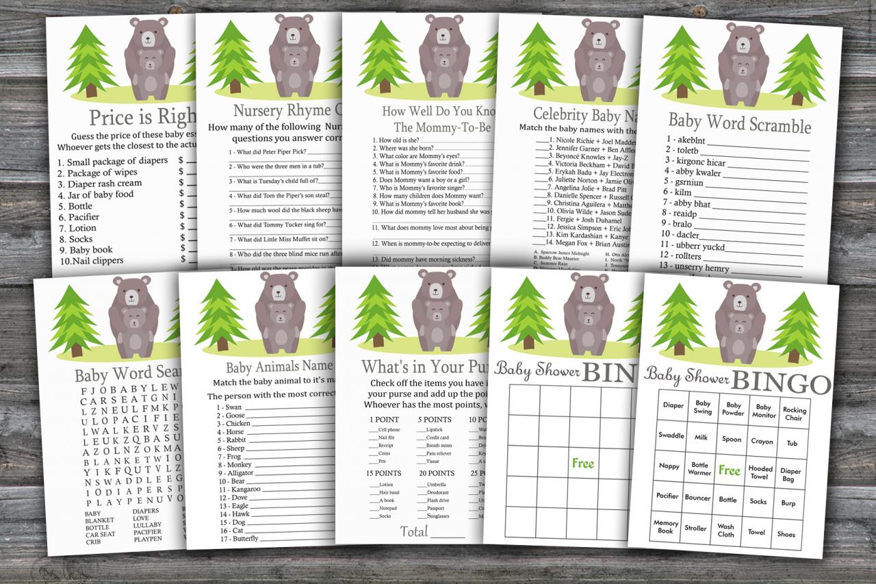Bear Baby Shower Games Package,woodland Animals Baby Shower Game Package,9 Printable Games,instant Download-368