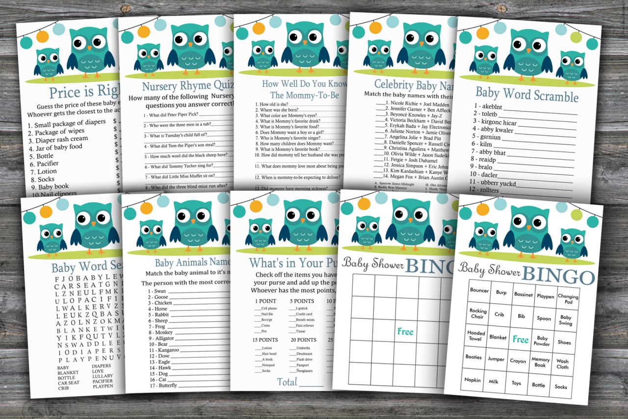 Owl Baby Shower Games Package,woodland Baby Shower Game Package,9 Printable Games,instant Download-367