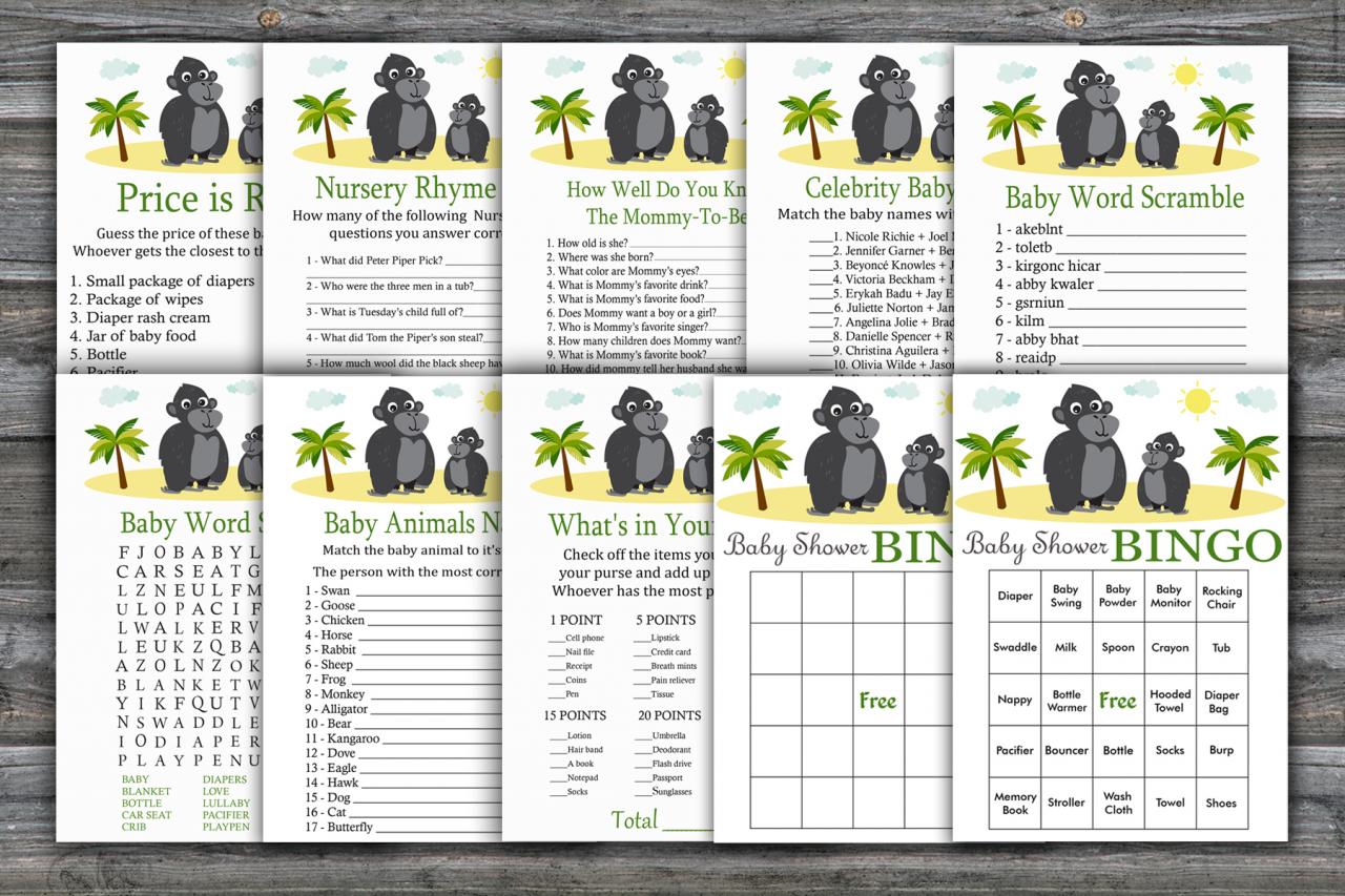 Gorilla Baby Shower Games Package,jungle Baby Shower Game Package,monkey Baby Shower,9 Printable Games,instant Download-343