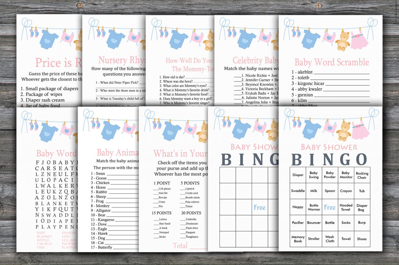 Clothesline Baby Shower Games Package,clothesline Baby Shower Game Pack,9 Printable Games,instant Download-341