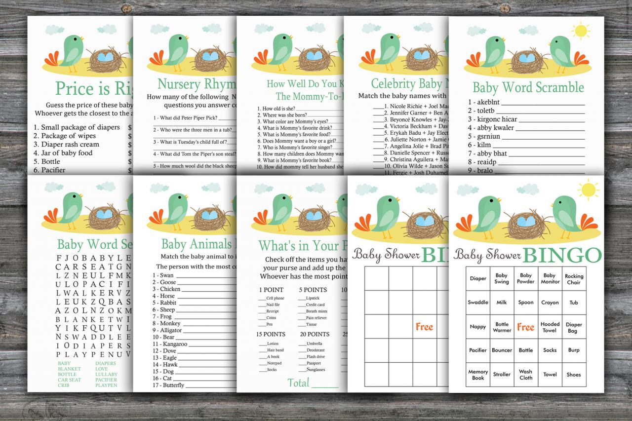 Birds And Nest Baby Shower Games Package,birds Baby Shower Game Package,9 Printable Games,instant Download-338