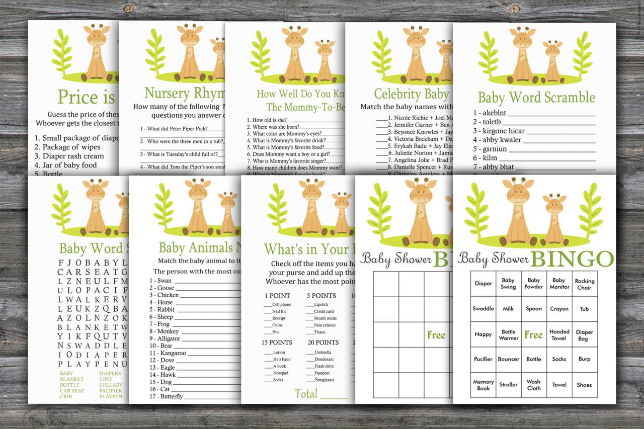 Giraffe Baby Shower Games Package,safari Baby Shower Game Package,safari Theme Baby Shower,9 Printable Games,instant Download-337
