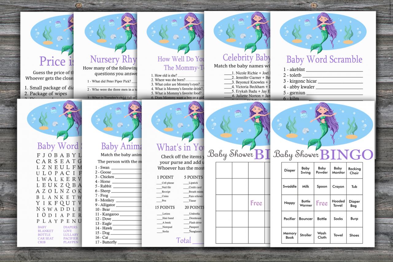 Mermaid Baby Shower Games Package,under The Sea Baby Shower Game Package,9 Printable Games,instant Download-336