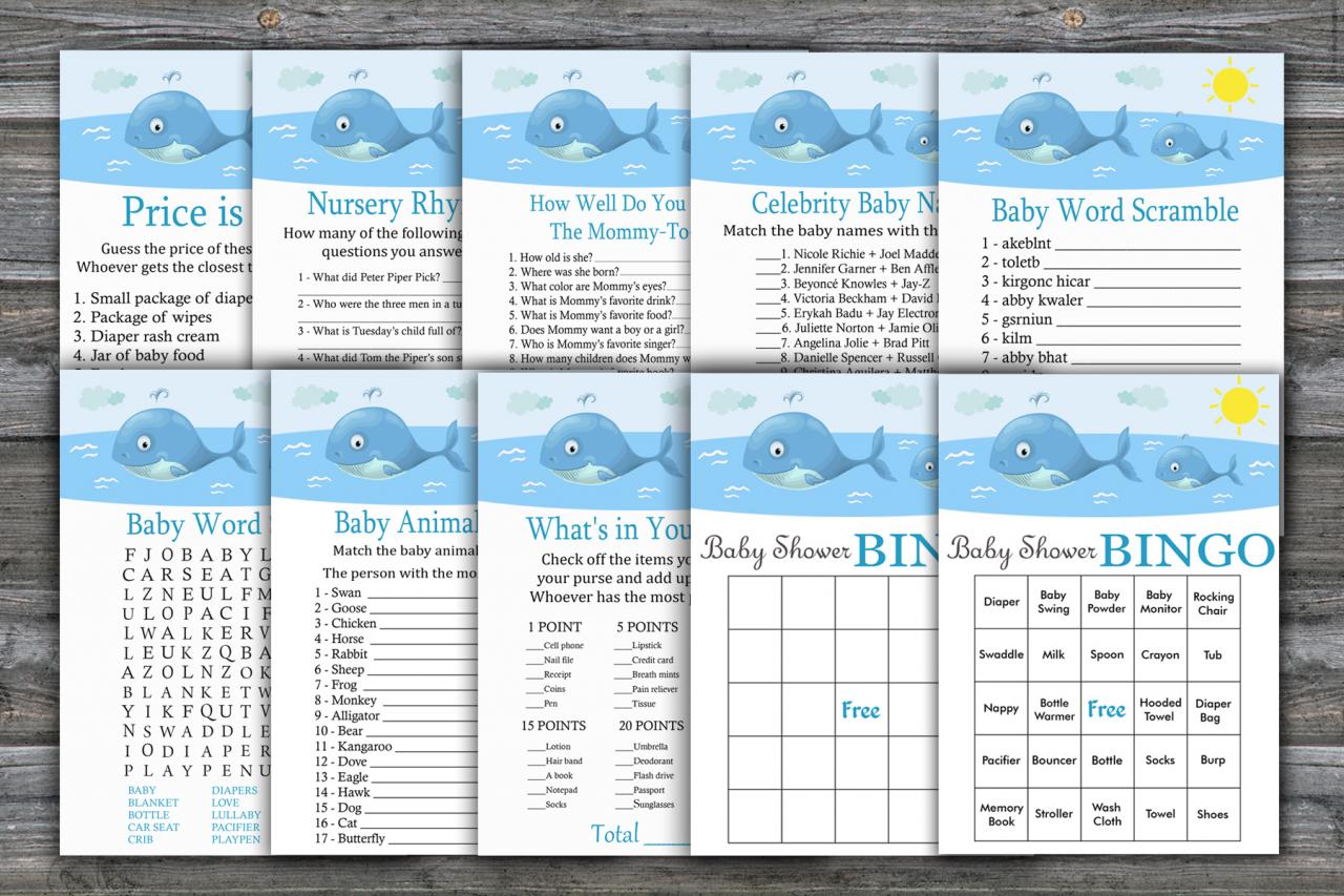 Whale Baby Shower Games Package,under The Sea Baby Shower Game Package,9 Printable Games,instant Download-335