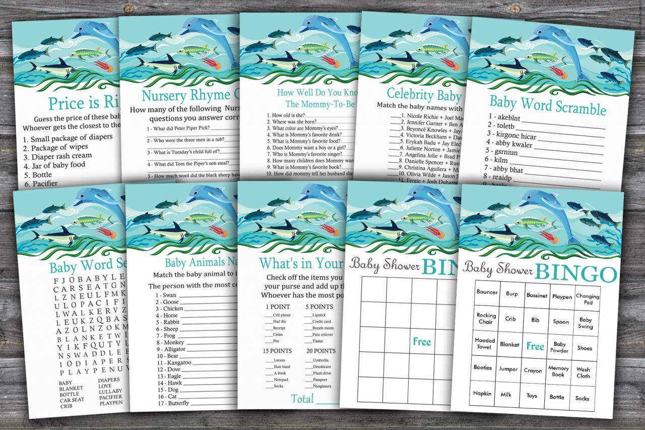 Dolphin baby shower games package,Under the sea Baby Shower Game package,Oceane theme baby shower,9 Printable Games,INSTANT DOWNLOAD-331