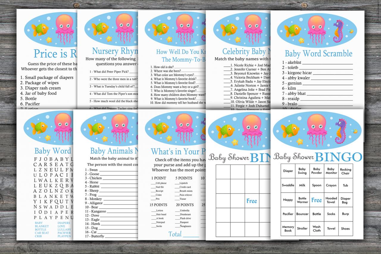Jellyfish Baby Shower Games Package,under The Sea Baby Shower Game Package,oceane Theme Baby Shower,9 Printable Games,instant Download-330