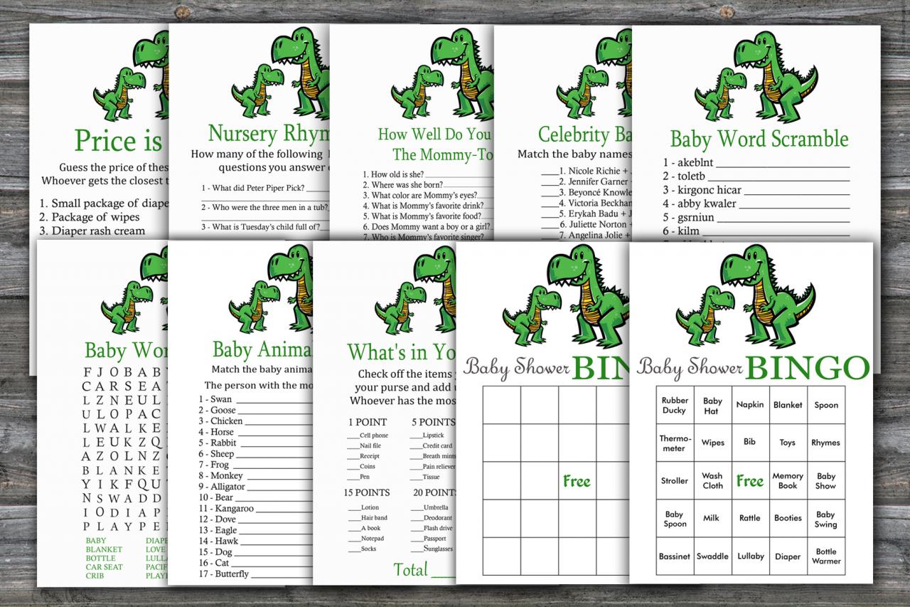 T-rex Baby Shower Games Package,dinosaur Baby Shower Game Package,9 Printable Games,instant Download-327