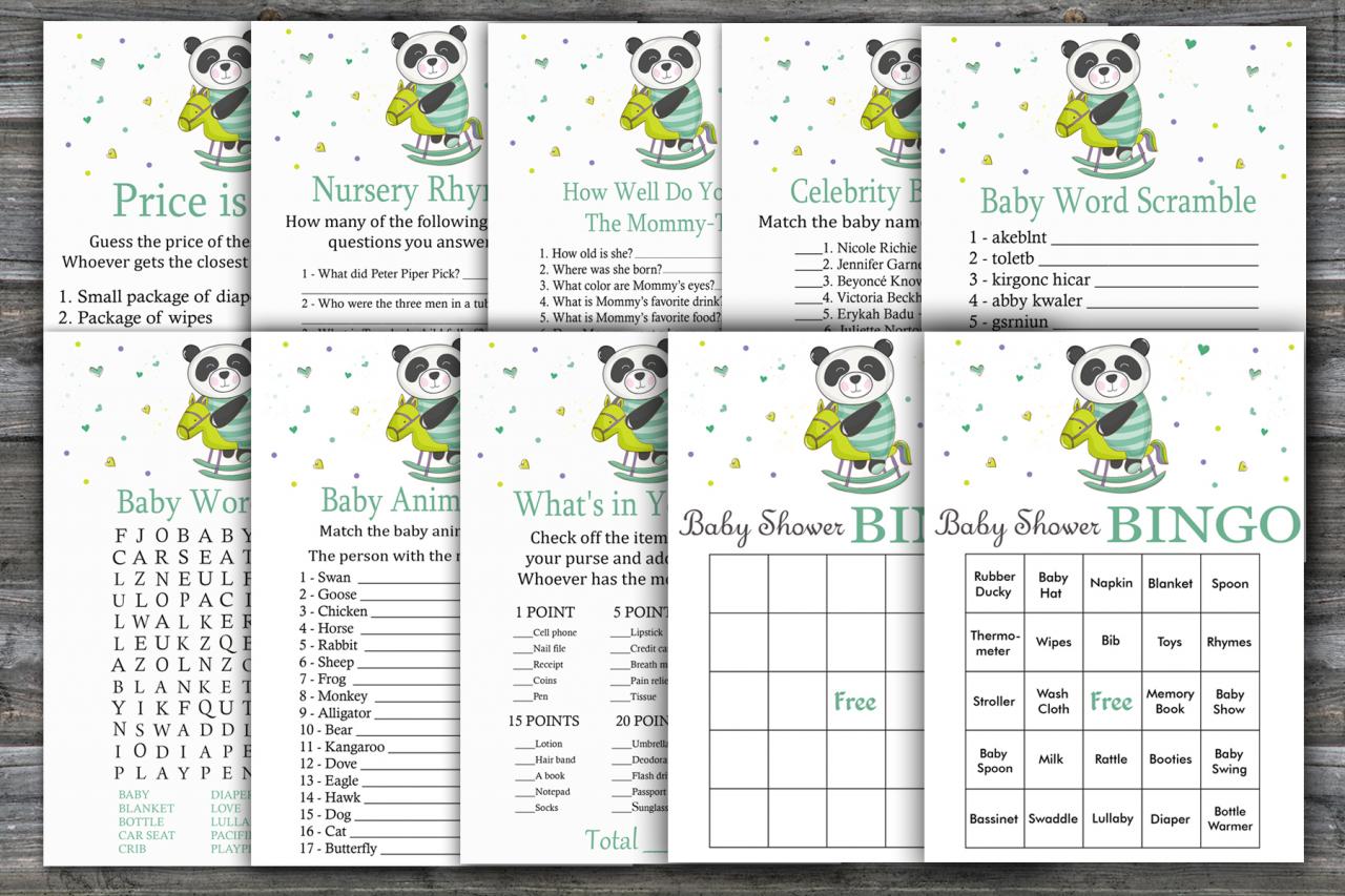 Panda Baby Shower Games Package,jungle Baby Shower Game Package,jungle Theme Baby Shower Game,9 Printable Games,instant Download-326