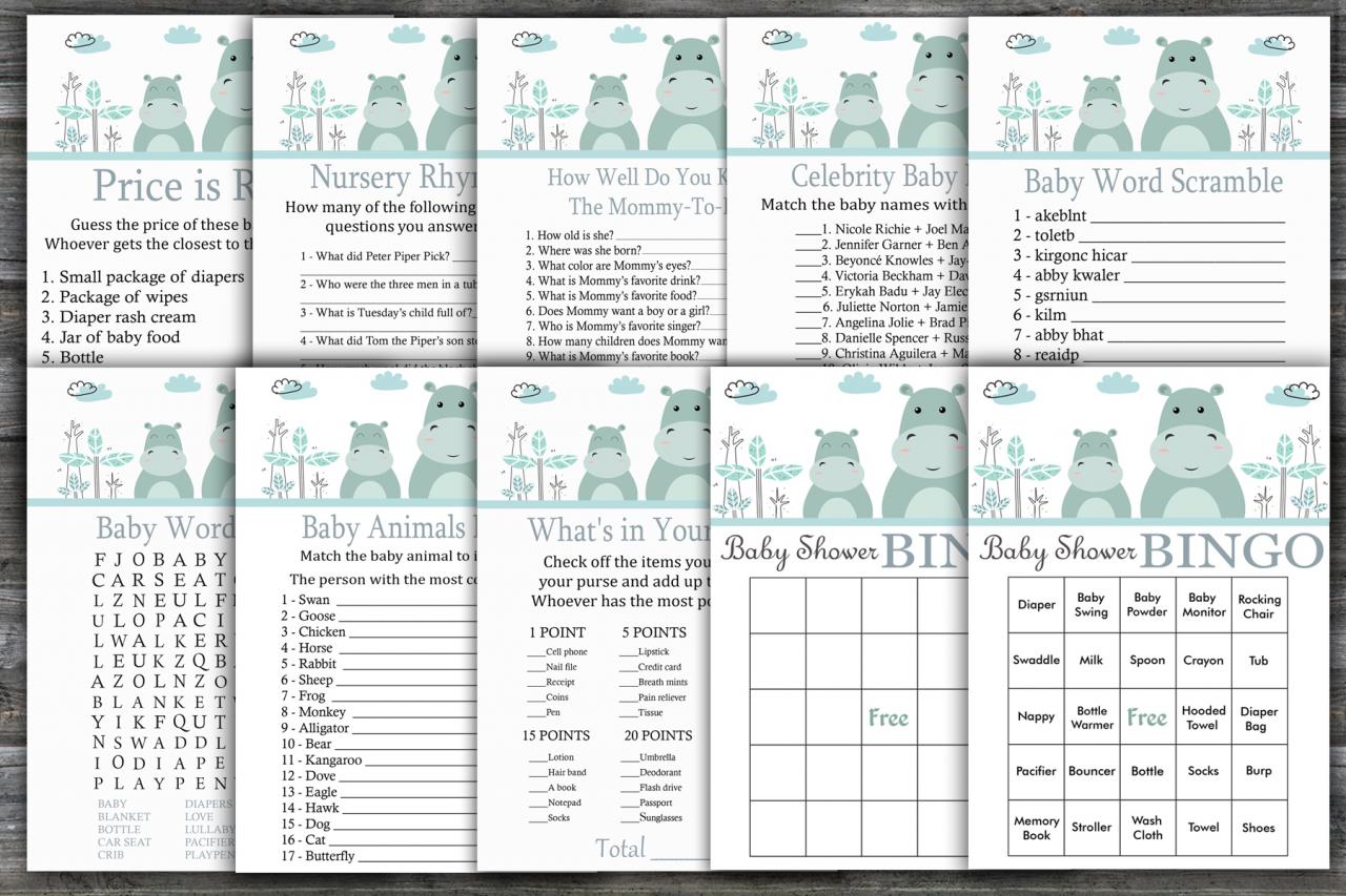 Hippo Baby Shower Games Package,safari Baby Shower Game Package,safari Theme Baby Shower Game,9 Printable Games,instant Download-325