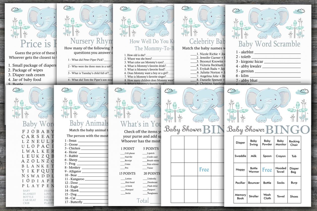 Blue Elephant Baby Shower Games Package,safari Baby Shower Game Package,jungle Baby Shower Game,9 Printable Games,instant Download-324