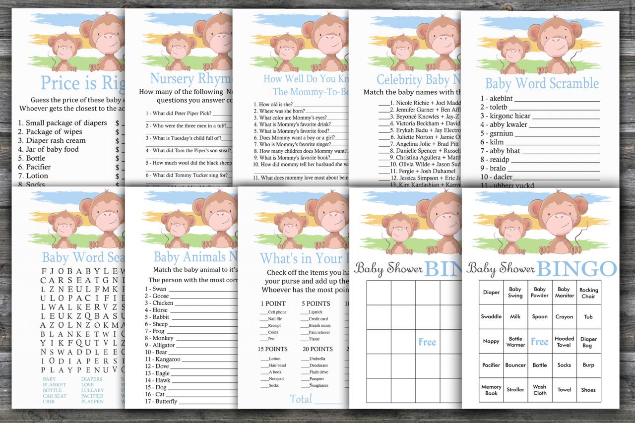 Monkey Baby Shower Games Package,jungle Baby Shower Game Package,jungle Theme Baby Shower Game,9 Printable Games,instant Download-322