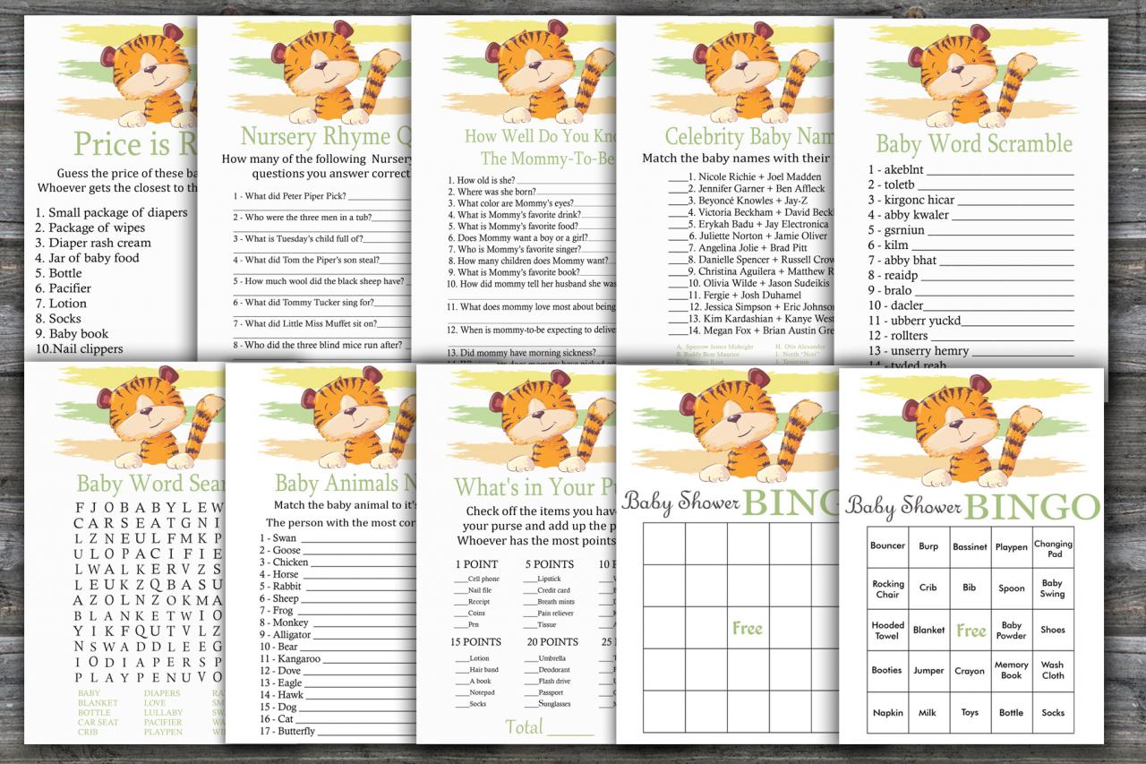 Tiger baby shower games package,Jungle Baby Shower Game package,Jungle theme Baby Shower Game,9 Printable Games,INSTANT DOWNLOAD-321