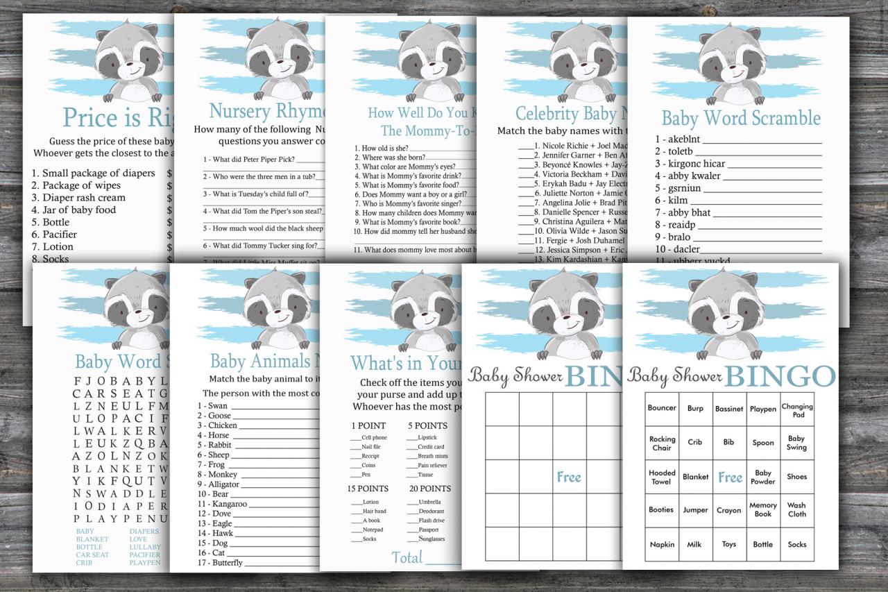 Raccoon Baby Shower Games Package,woodland Baby Shower Game Package,woodland Theme Baby Shower Game,9 Printable Games,instant Download-320
