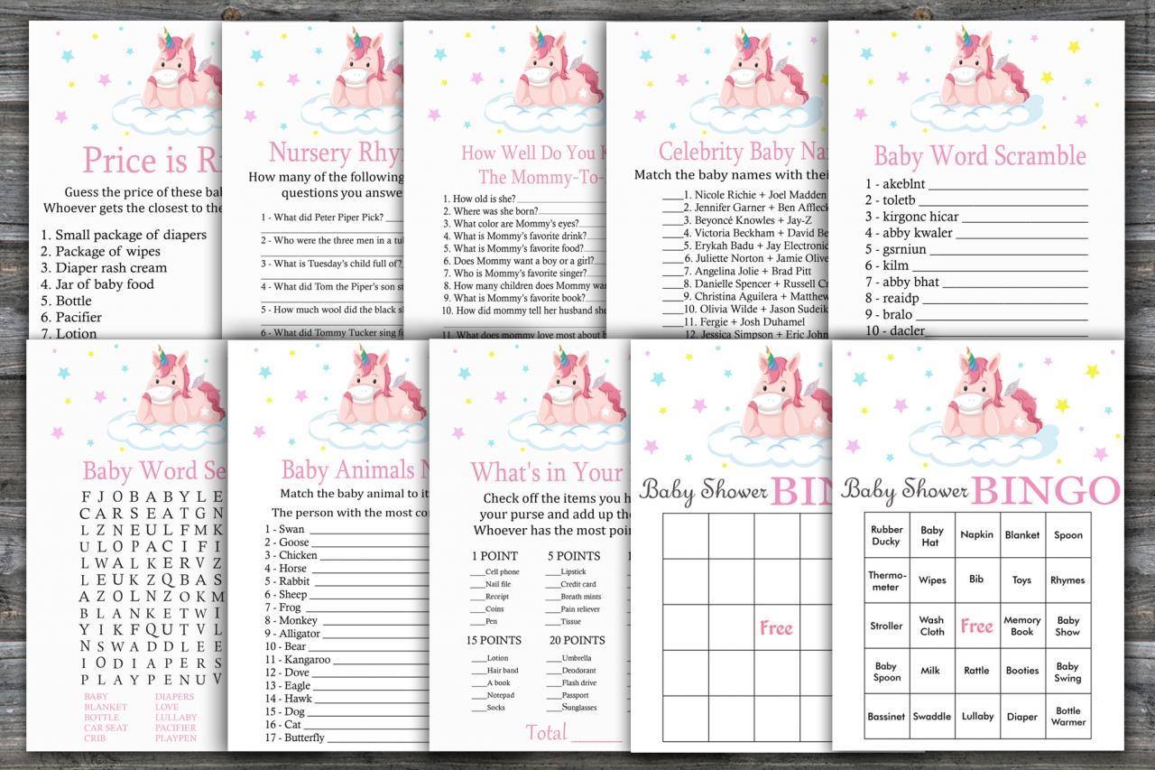 Unicorn Baby Shower Games Package,unicorn Rainbow Baby Shower Game Package,unicorn Theme Baby Shower Game,9 Printable Games,instant Download-319