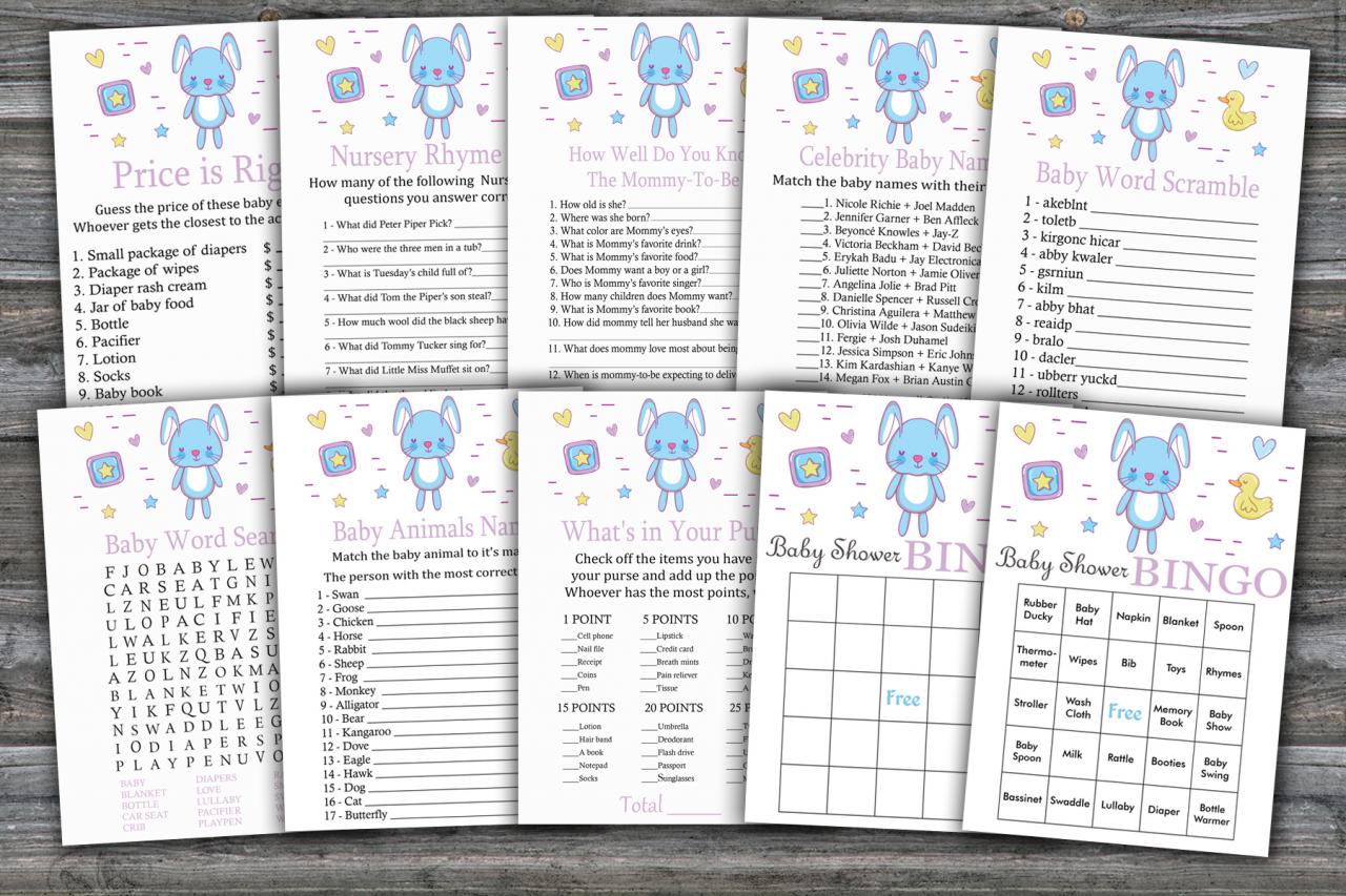 Blue Rabbit Baby Shower Games Package,bunny Baby Shower Game Package,9 Printable Games,instant Download-314