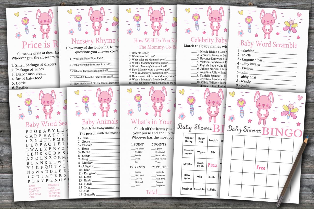 Pink Rabbit Baby Shower Games Package,bunny Baby Shower Game Package,9 Printable Games,instant Download-313