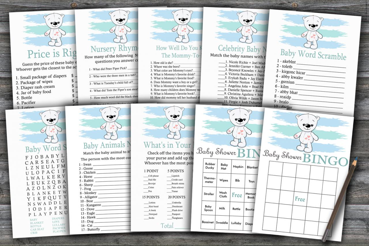 Polar Bear Baby Shower Games Package,winter Animals Baby Shower Game Package,9 Printable Games,instant Download-312