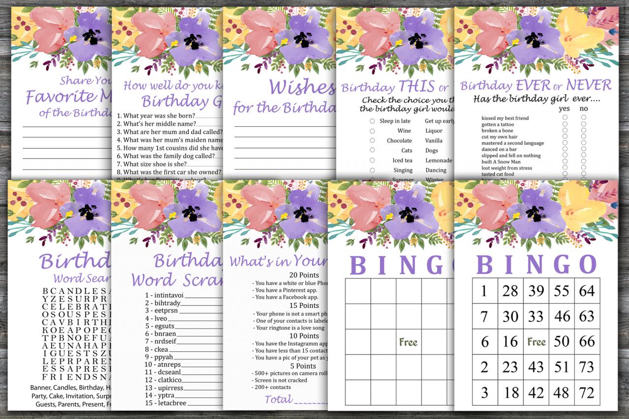 Adult Birthday Games Package,watercolor Flowers Birthday Games Package,9 Birthday Games,instant Download