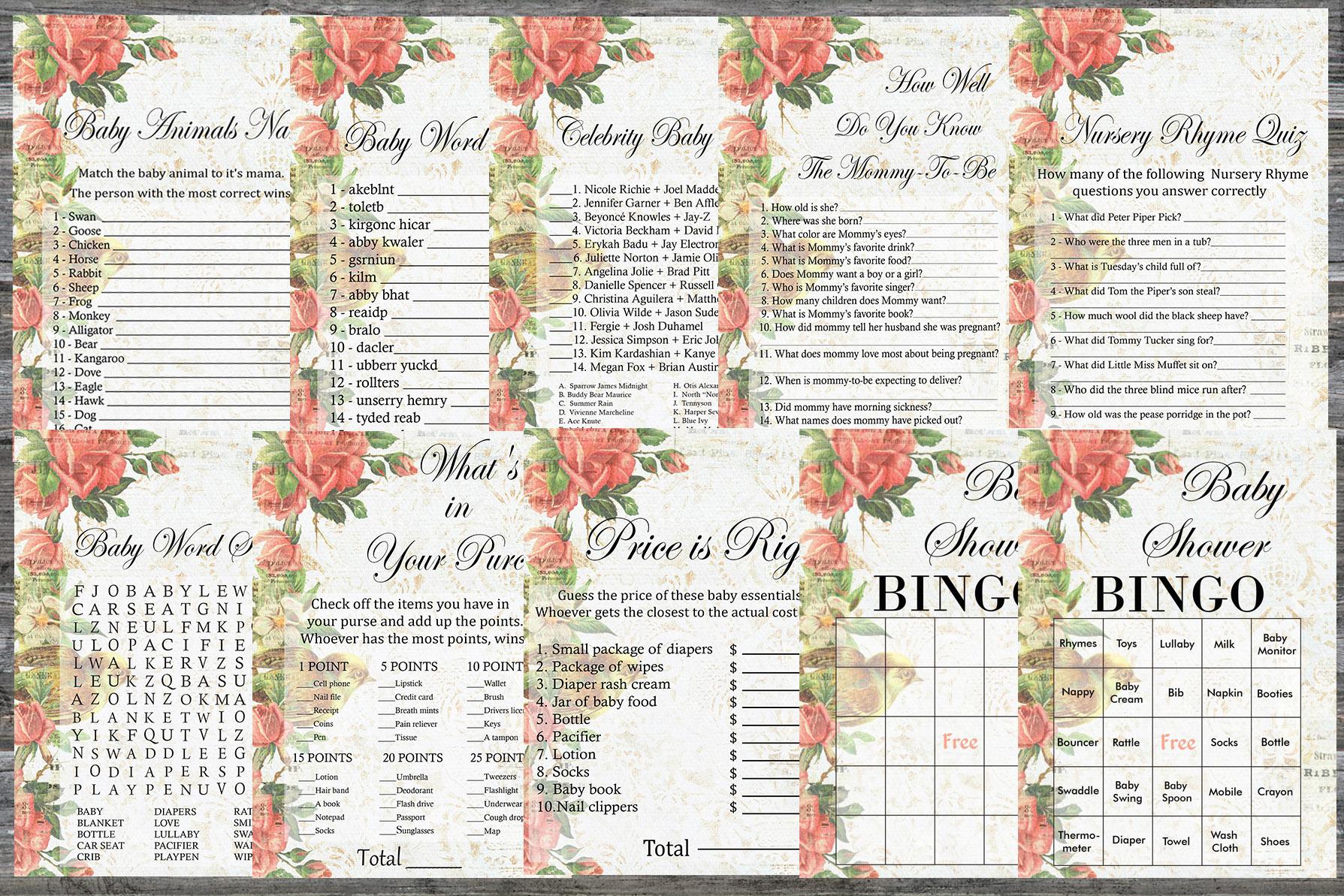 Vintage Rose Baby Shower Games Package,baby Shower Game Package,9 Printable Games,instant Download-386