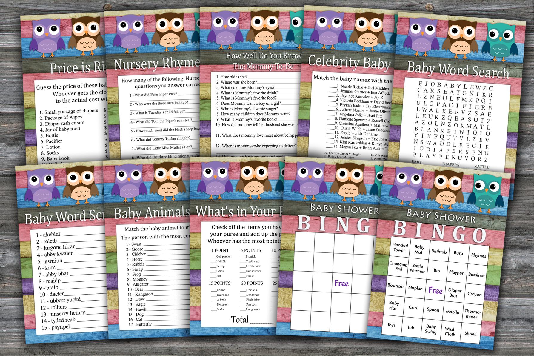 Owl Baby Shower Games Package,baby Shower Game Package,9 Printable Games,instant Download-385