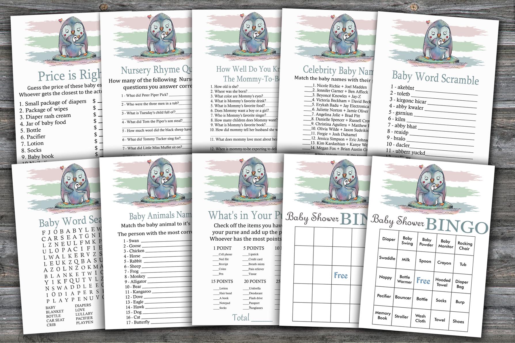 Penguin baby shower games package,Baby Shower Game package,9 Printable Games,INSTANT DOWNLOAD-384