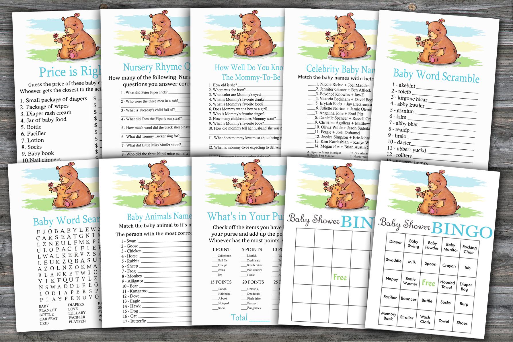 Bear Baby Shower Games Package,baby Shower Game Package,9 Printable Games,instant Download-383