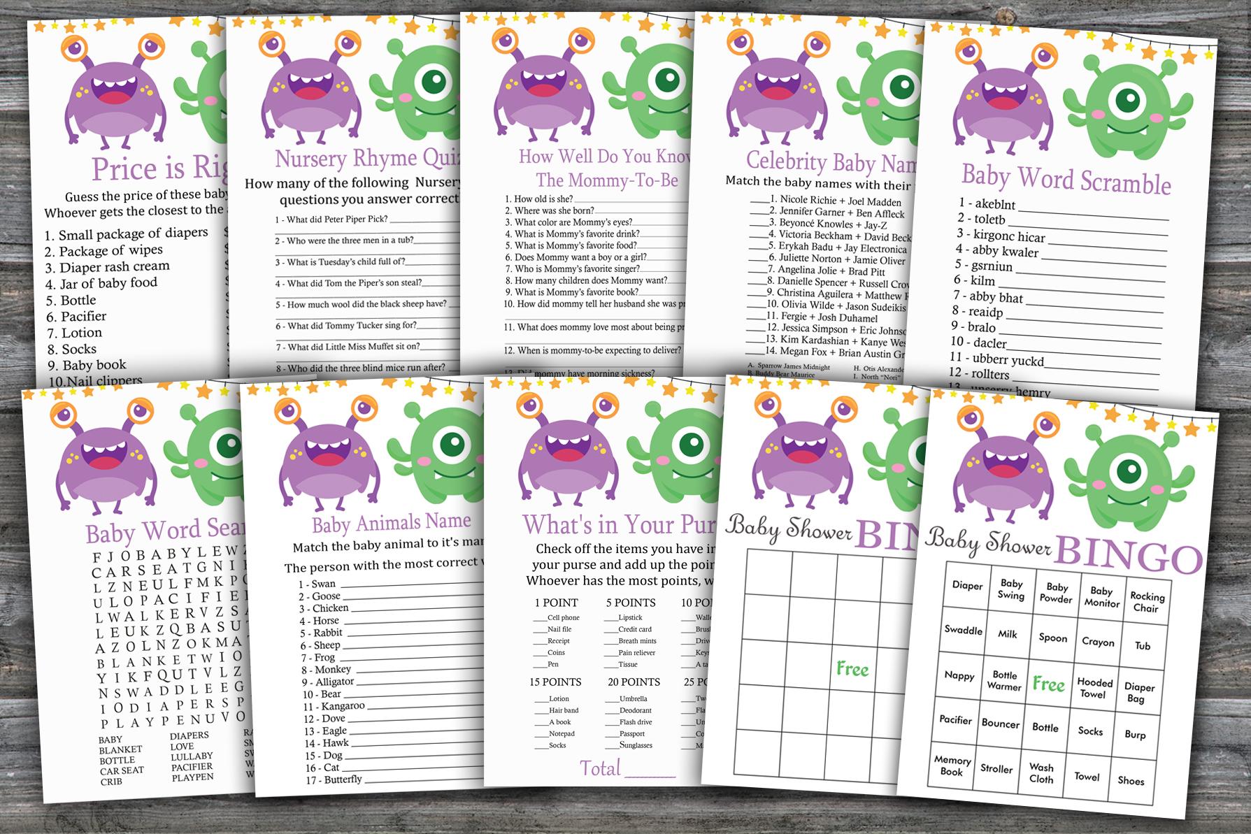 Monster baby shower games package,Baby Shower Game package,9 Printable Games,INSTANT DOWNLOAD-382