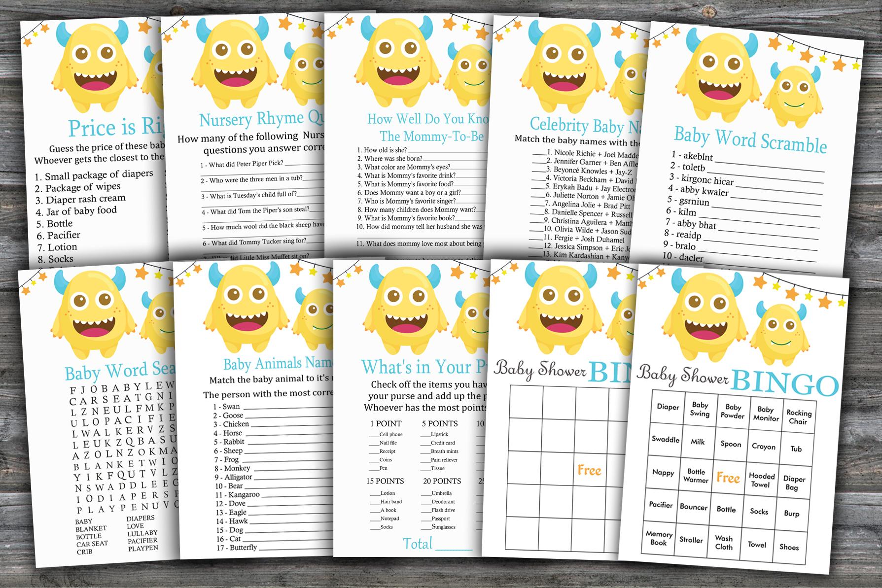 Monster Baby Shower Games Package,baby Shower Game Package,9 Printable Games,instant Download-381