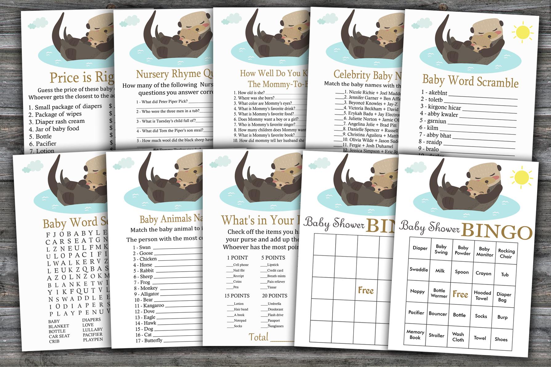 Otter Baby Shower Games Package,woodland Baby Shower Game Package,9 Printable Games,instant Download-380