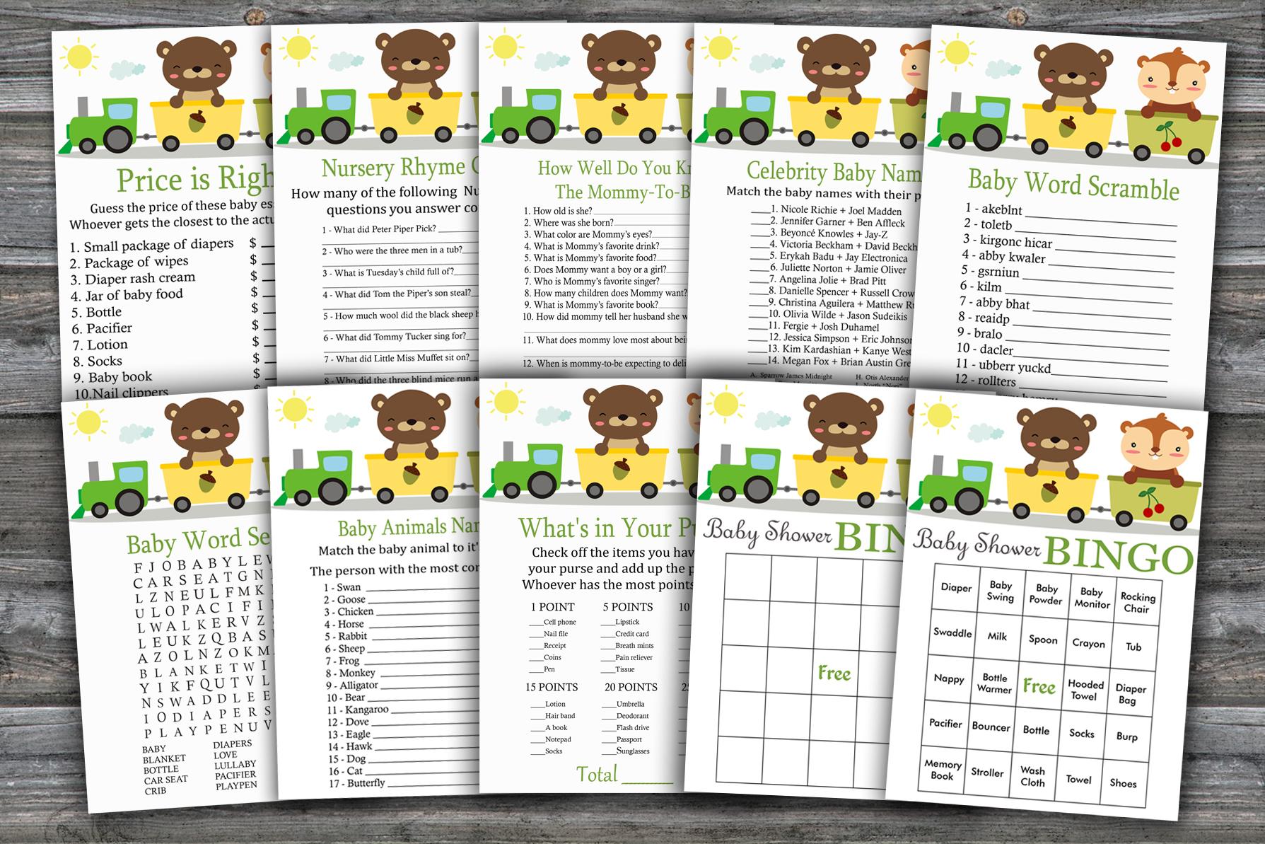 Animal train baby shower games package,Woodland animals Baby Shower Game package,9 Printable Games,INSTANT DOWNLOAD-377