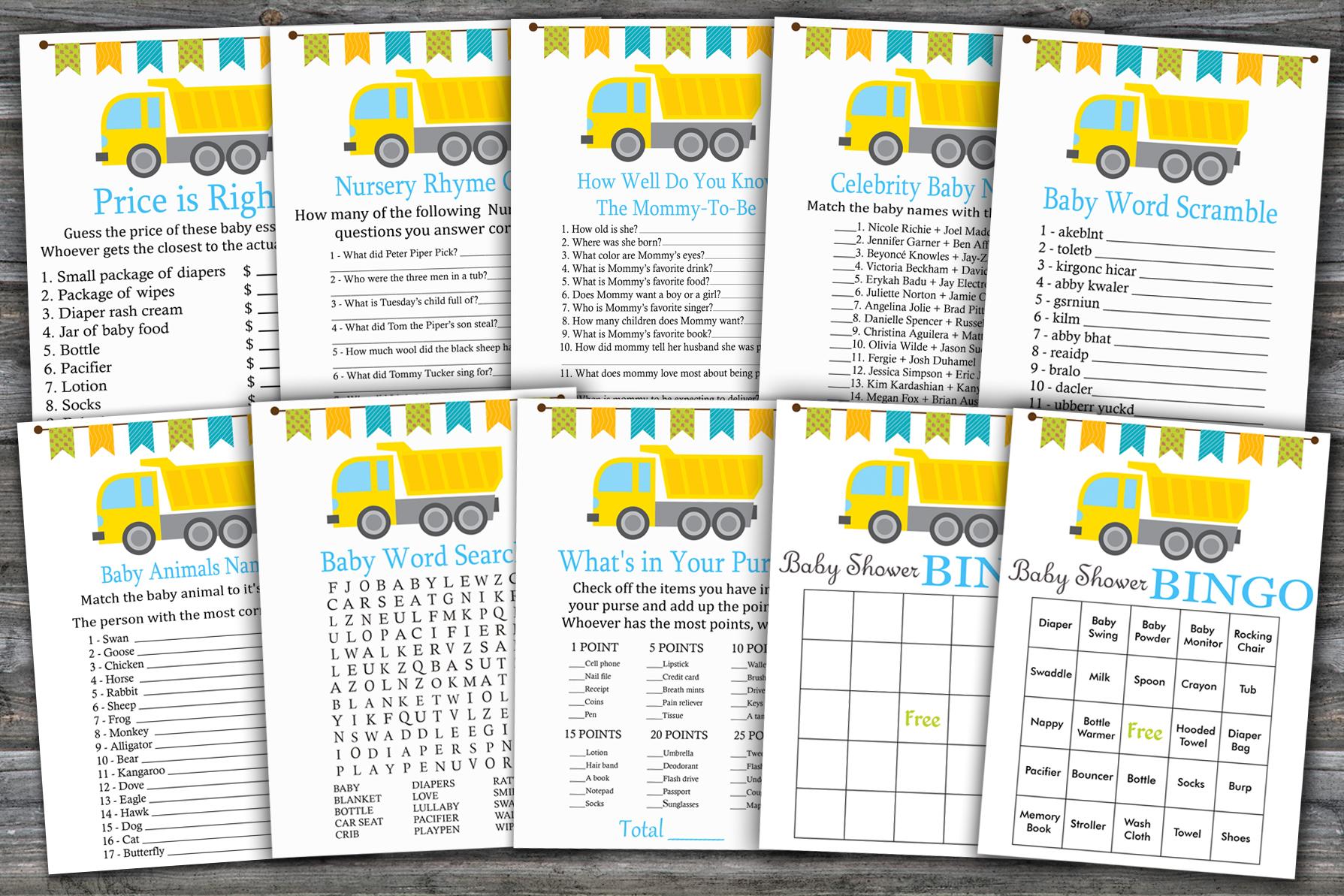 Dump Truck Baby Shower Games Package,construction Baby Shower Game Package,9 Printable Games,instant Download-376