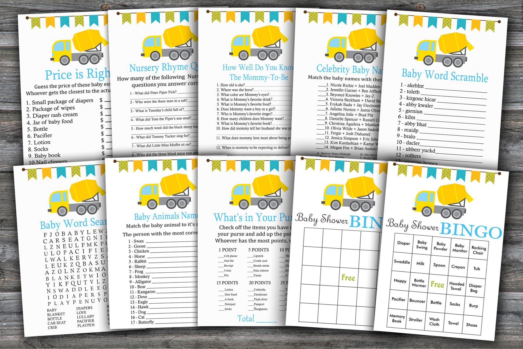 Concrete Mixer Baby Shower Games Package,construction Baby Shower Game Package,9 Printable Games,instant Download-375