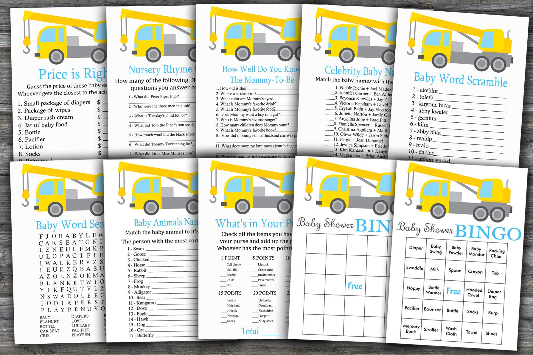 Crane Baby Shower Games Package,construction Baby Shower Game Package,9 Printable Games,instant Download-374
