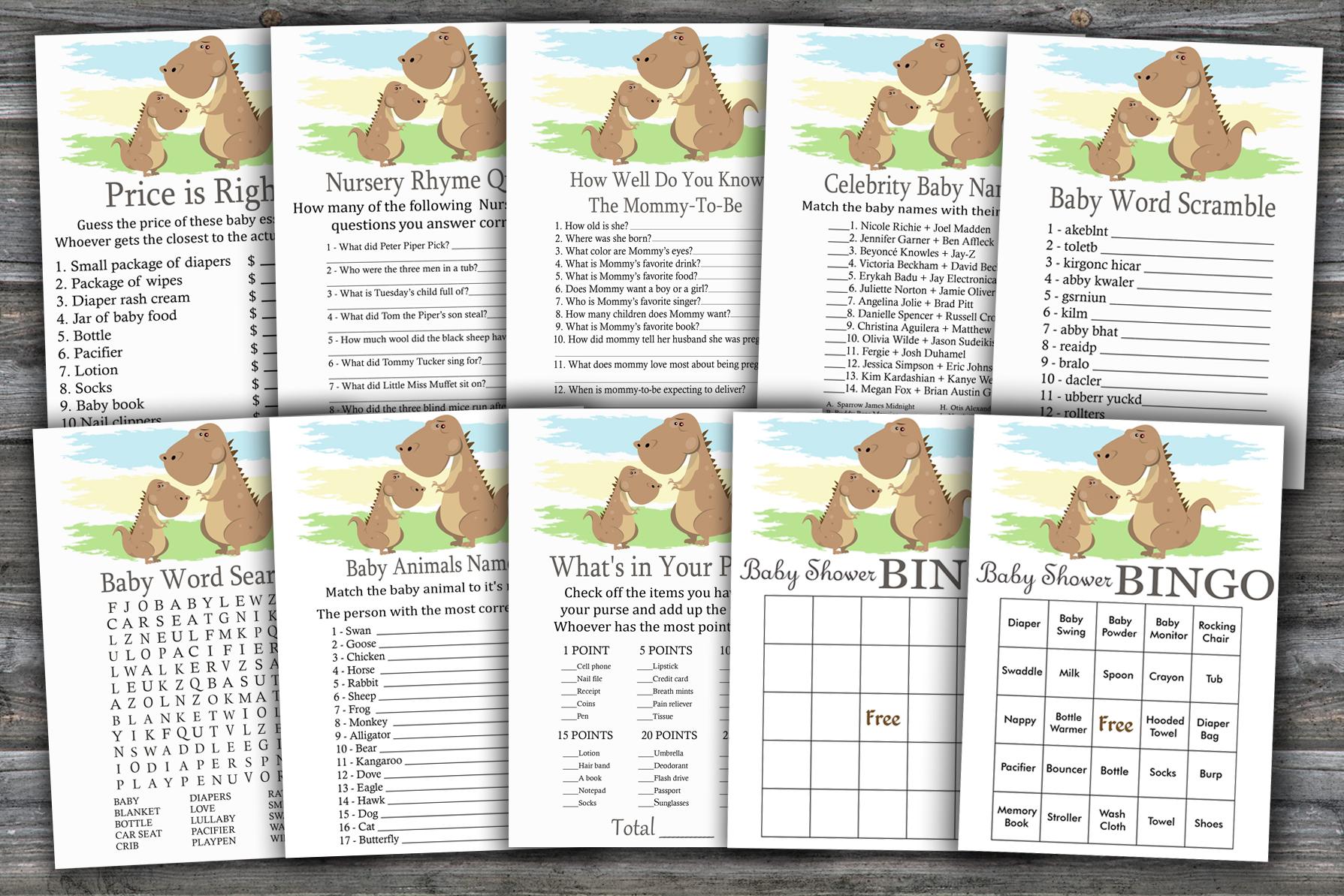 Dinosaur baby shower games package,T-Rex Baby Shower Game package,9 Printable Games,INSTANT DOWNLOAD-369