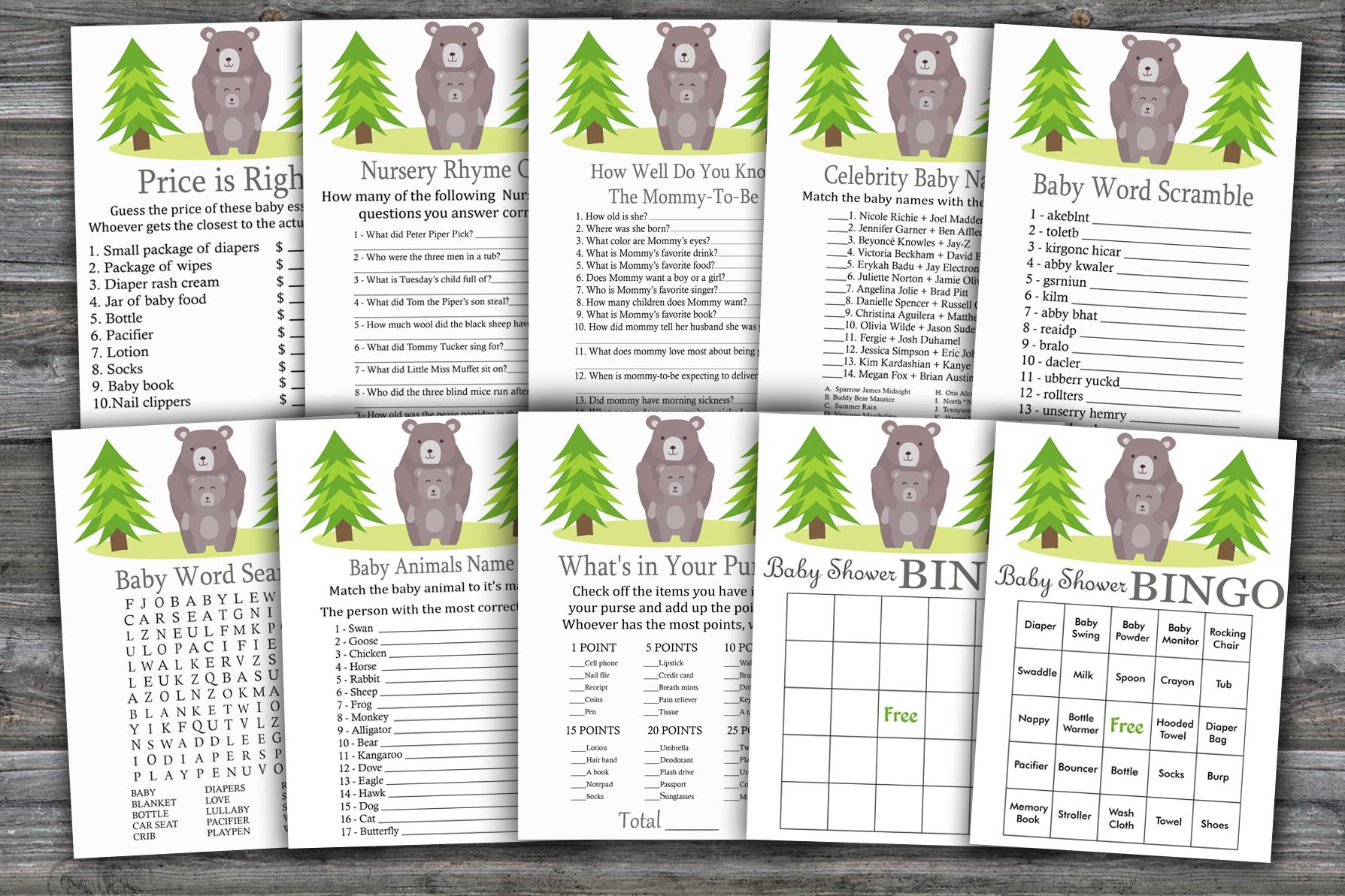 Bear Baby Shower Games Package,woodland Animals Baby Shower Game Package,9 Printable Games,instant Download-368