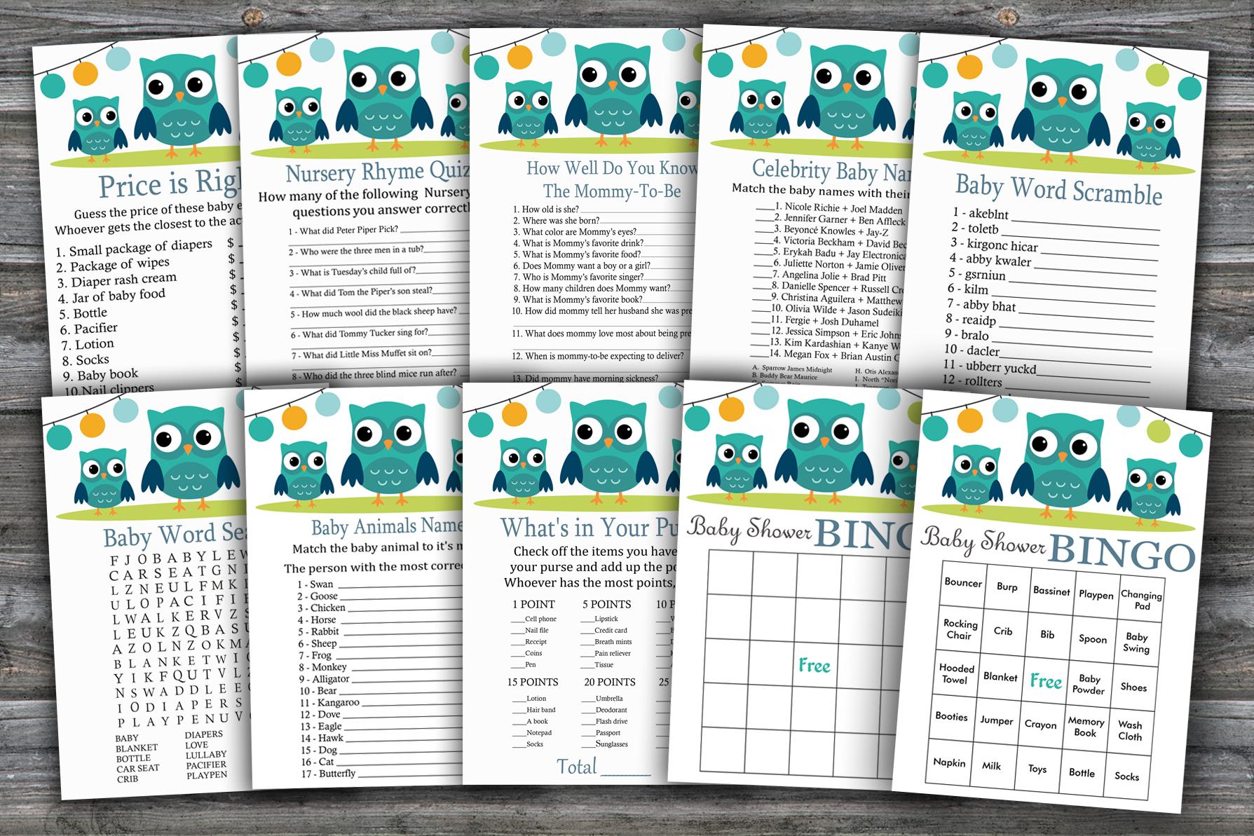 Owl Baby Shower Games Package,woodland Baby Shower Game Package,9 Printable Games,instant Download-367