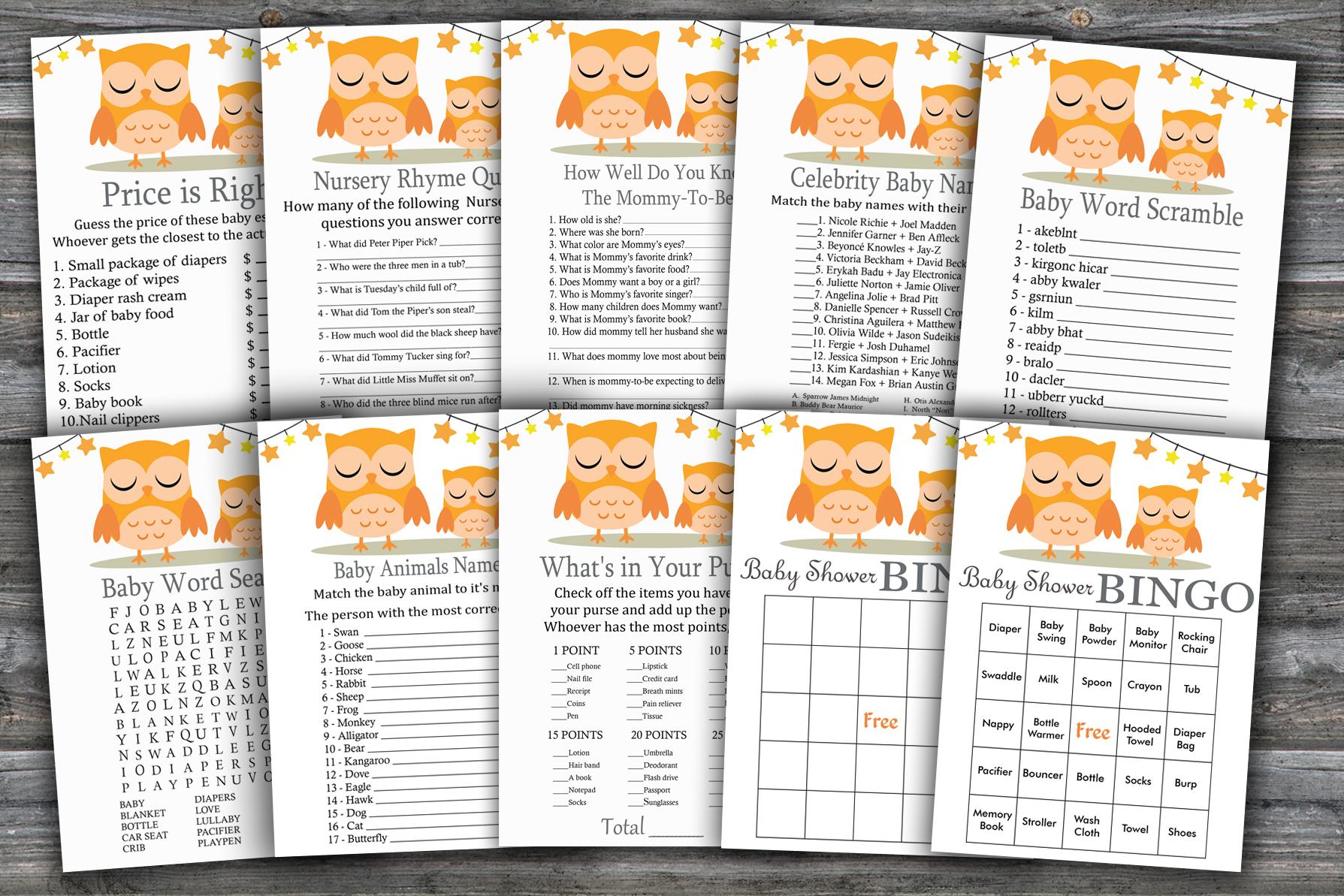 Orange Owl Baby Shower Games Package,woodland Baby Shower Game Package,9 Printable Games,instant Download-366