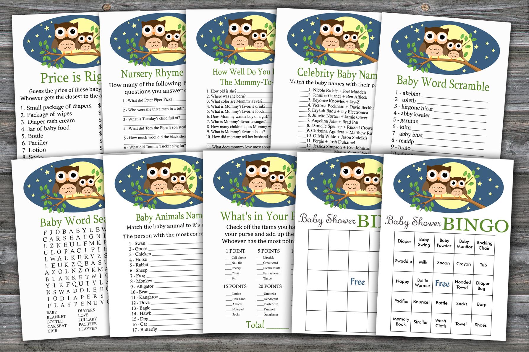 Owl Baby Shower Games Package,woodland Baby Shower Game Package,9 Printable Games,instant Download-365