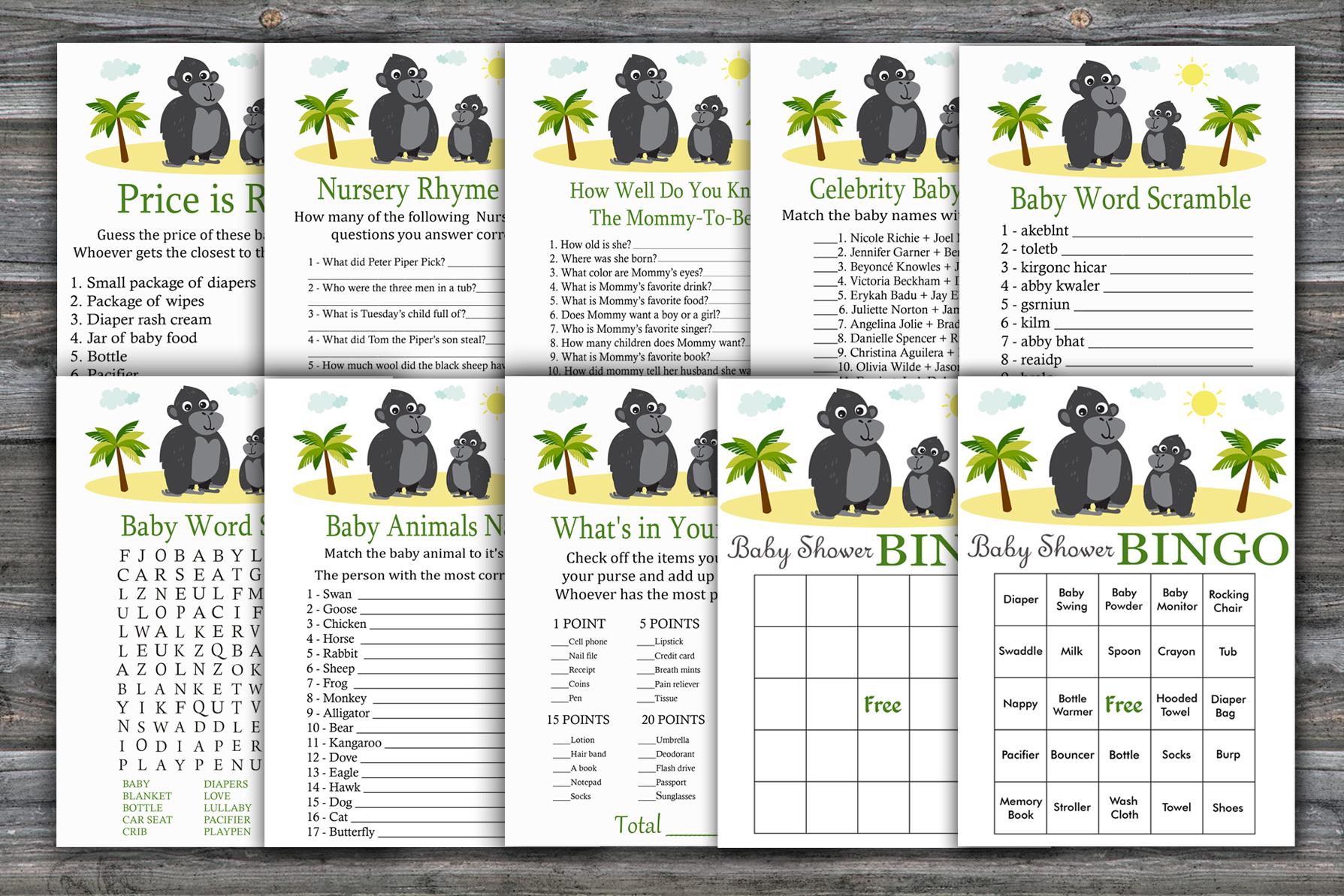 Gorilla Baby Shower Games Package,jungle Baby Shower Game Package,monkey Baby Shower,9 Printable Games,instant Download-343