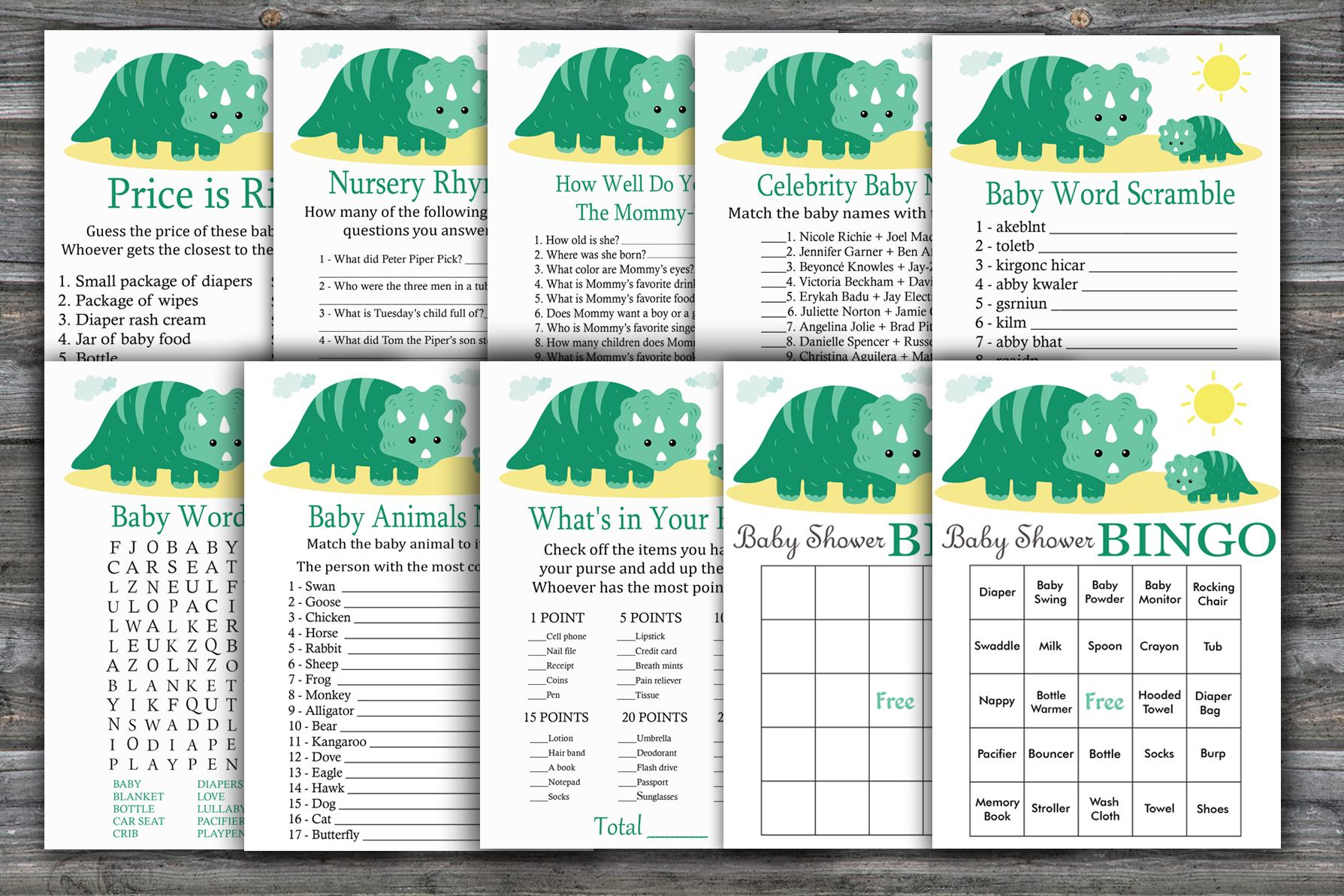 Dinosaur baby shower games package,Green Dinosaur Baby Shower Game package,9 Printable Games,INSTANT DOWNLOAD-342