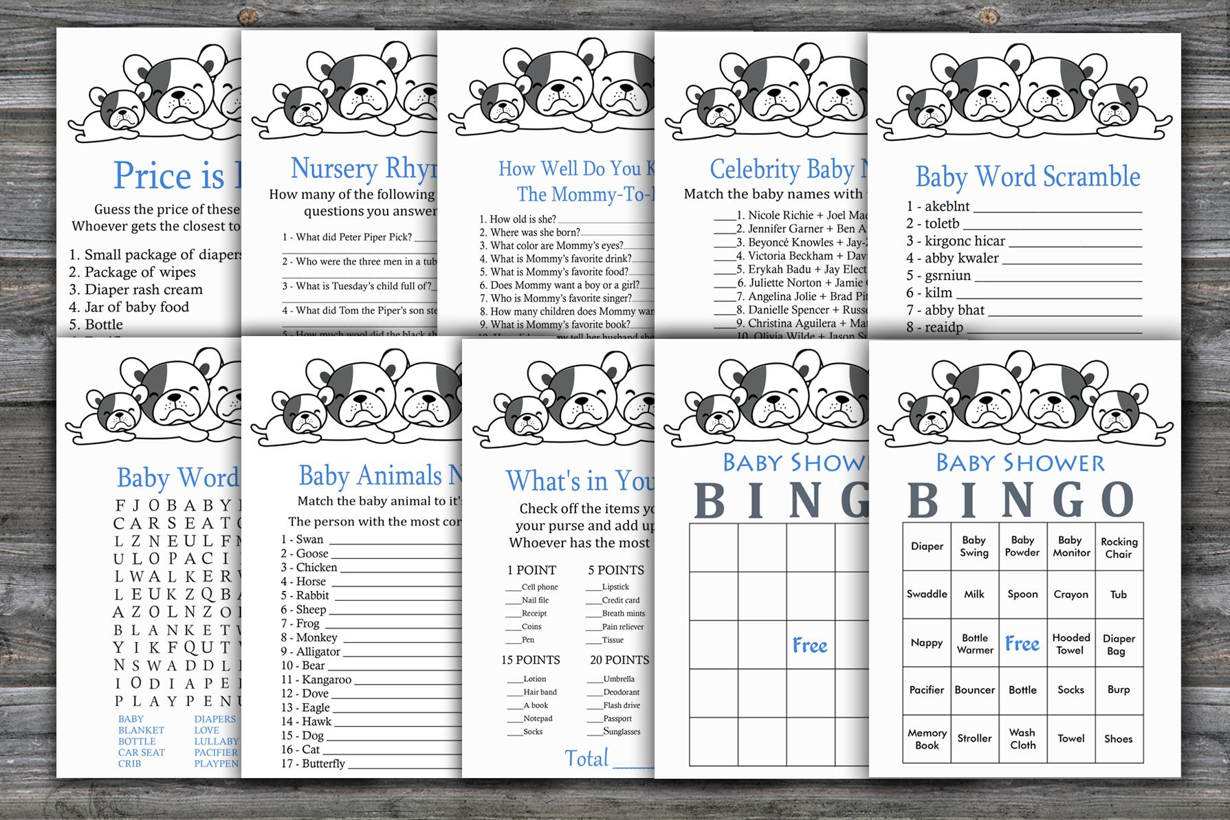 French Bulldog Baby Shower Games Package,dog Baby Shower Game Package,pets Baby Shower,9 Printable Games,instant Download-339